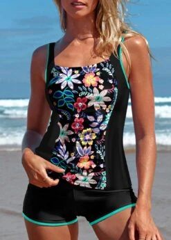 Mid Waisted Random Floral Print Ruched Tankini Set