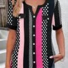 Striped Button Hot Pink Split Neck Blouse -Rosewe Promotion Store 335352 P 1685525290378
