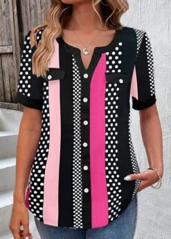 Striped Button Hot Pink Split Neck Blouse