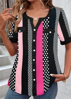 Striped Button Hot Pink Split Neck Blouse -Rosewe Promotion Store 335352 P 1685525291016