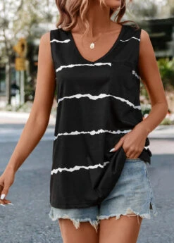 Striped V Neck Black Tank Top