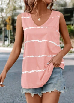 Striped V Neck Pink Tank Top -Rosewe Promotion Store 335379 P 16855258900742