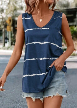 Striped V Neck Navy Tank Top -Rosewe Promotion Store 335380 P 16855259551122