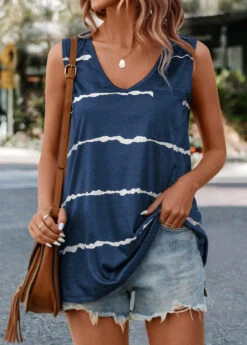 Striped V Neck Navy Tank Top
