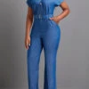 Pocket Belted Denim Blue Ankle Length Jumpsuit 2 Pocket Belted Denim Blue Ankle Length Jumpsuit -Rosewe Promotion Store 335414 P 16878645501410
