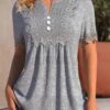 Split Neck Ruched Grey Short Sleeve T Shirt -Rosewe Promotion Store 335426 P 1686204986287