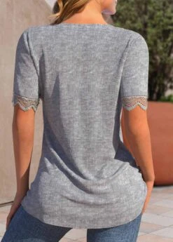 Split Neck Ruched Grey Short Sleeve T Shirt -Rosewe Promotion Store 335426 P 1686204987048