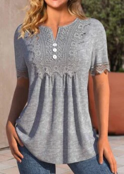 Split Neck Ruched Grey Short Sleeve T Shirt -Rosewe Promotion Store 335426 P 1686204987821