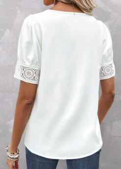 Patchwork Asymmetrical Neck Short Sleeve White Blouse -Rosewe Promotion Store 335448 P 1685610167835
