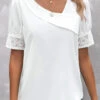 Patchwork Asymmetrical Neck Short Sleeve White Blouse -Rosewe Promotion Store 335448 P 1685610167932