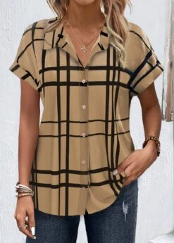 Plus Size Dark Coffee Button Plaid Blouse