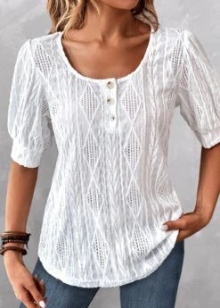 White Round Neck Short Sleeve Button Blouse