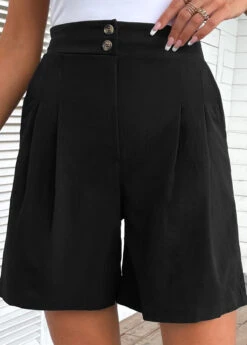 High Waisted Button Black Shorts