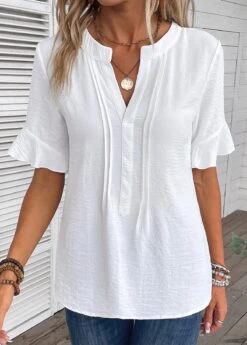 Patchwork Split Neck Half Sleeve White Blouse -Rosewe Promotion Store 335600 P 16869216251272
