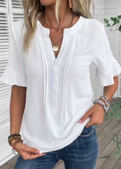 Patchwork Split Neck Half Sleeve White Blouse -Rosewe Promotion Store 335600 P 16869216256883
