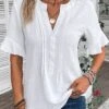 Patchwork Split Neck Half Sleeve White Blouse -Rosewe Promotion Store 335600 P 16869216258140