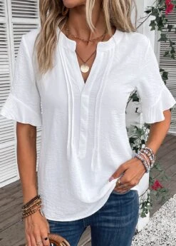 Patchwork Split Neck Half Sleeve White Blouse