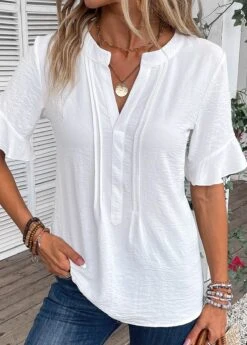 Patchwork Split Neck Half Sleeve White Blouse -Rosewe Promotion Store 335600 P 16869216258454