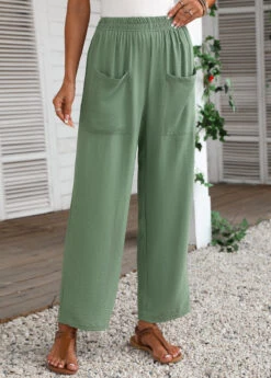 Pocket Regular Elastic Waist Sage Green Pants