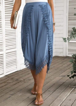 Lace Elastic Waist High Waisted Dusty Blue Pants -Rosewe Promotion Store 335607 P 16883784813954