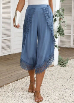 Lace Elastic Waist High Waisted Dusty Blue Pants