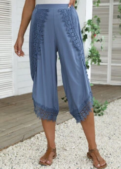 Lace Elastic Waist High Waisted Dusty Blue Pants -Rosewe Promotion Store 335607 P 16883784816873