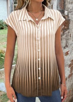 Ombre Button Light Coffee Shirt Collar Blouse