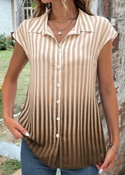Ombre Button Light Coffee Shirt Collar Blouse -Rosewe Promotion Store 335631 P 1685951213146