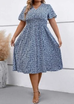 Dusty Blue Plus Size Smocked Dress -Rosewe Promotion Store 335670 P 16895979751864