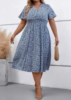 Dusty Blue Plus Size Smocked Dress