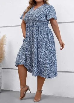 Dusty Blue Plus Size Smocked Dress -Rosewe Promotion Store 335670 P 16895979756083
