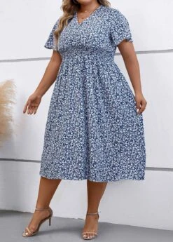 Dusty Blue Plus Size Smocked Dress -Rosewe Promotion Store 335670 P 16895979756502
