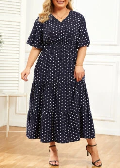 Navy Plus Size Lightweigh Polka Dot Dress -Rosewe Promotion Store 335672 P 16880200060644