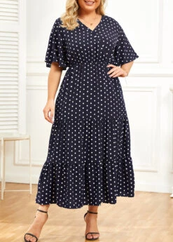 Navy Plus Size Lightweigh Polka Dot Dress -Rosewe Promotion Store 335672 P 16880200061965