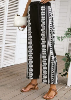 Geometric Print Pocket Black Regular Elastic Waist Pants -Rosewe Promotion Store 335673 P 16884662974944