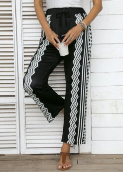 Geometric Print Pocket Black Regular Elastic Waist Pants -Rosewe Promotion Store 335673 P 16884662978333