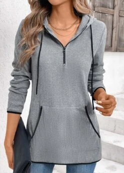 Pocket Zipper Grey Long Sleeve Hoodie