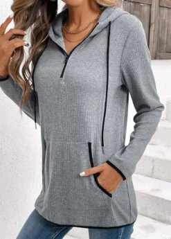 Pocket Zipper Grey Long Sleeve Hoodie -Rosewe Promotion Store 335692 P 16947410530584