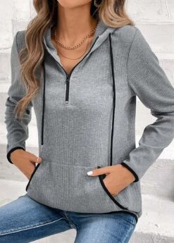 Pocket Zipper Grey Long Sleeve Hoodie -Rosewe Promotion Store 335692 P 16947410537515