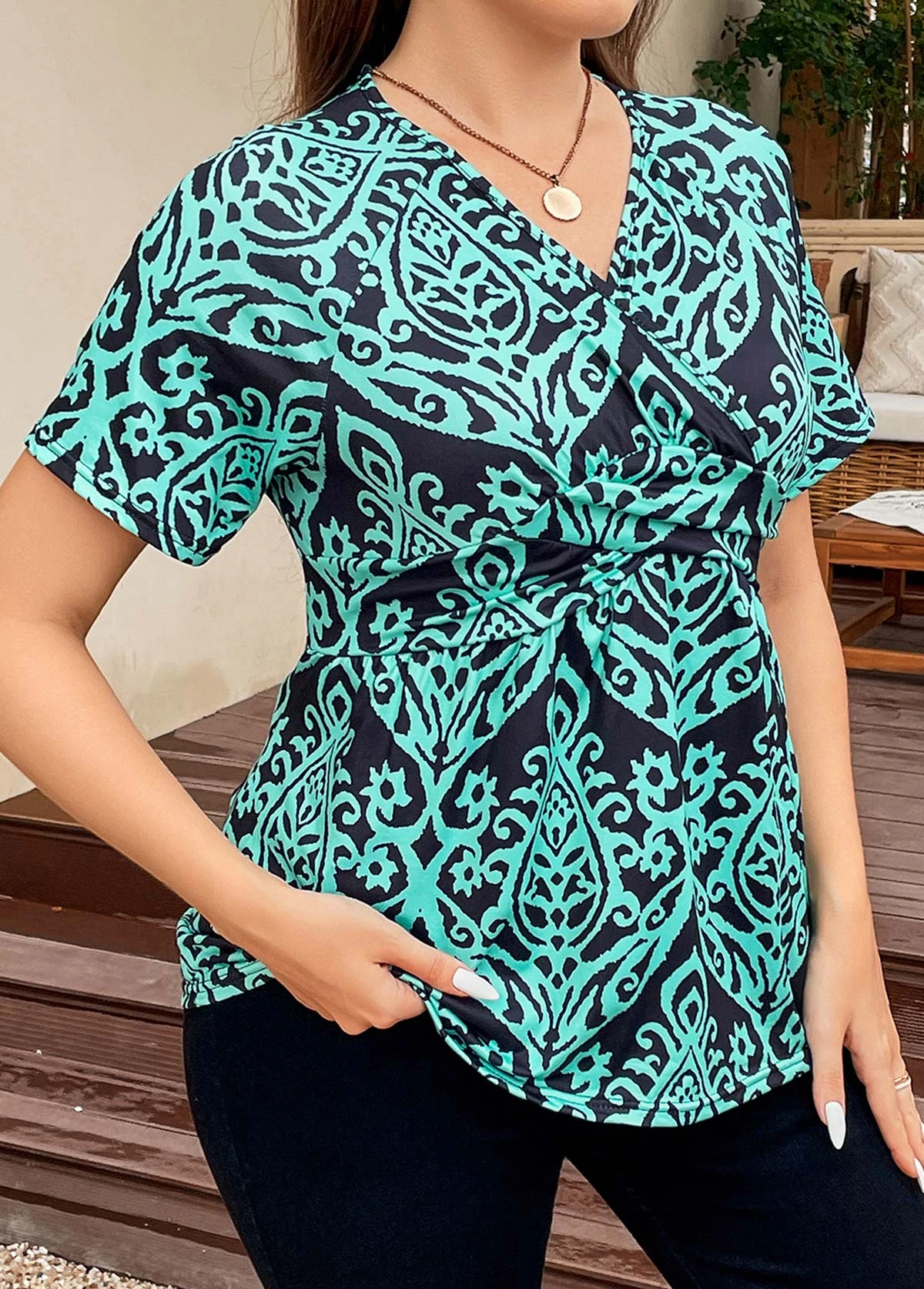 Turquoise Plus Size Surplice Tribal Print T Shirt 8 Turquoise Plus Size Surplice Tribal Print T Shirt - Image 6