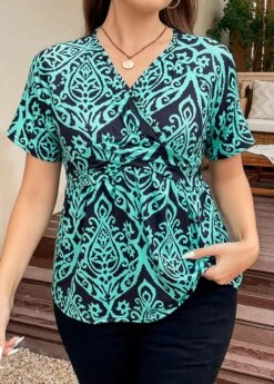 Turquoise Plus Size Surplice Tribal Print T Shirt 12 Turquoise Plus Size Surplice Tribal Print T Shirt -Rosewe Promotion Store 335817 P 16886222063414
