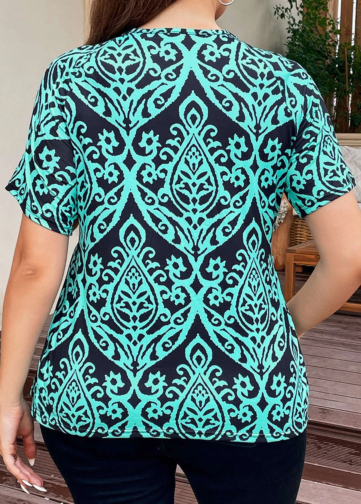 Turquoise Plus Size Surplice Tribal Print T Shirt 4 Turquoise Plus Size Surplice Tribal Print T Shirt - Image 2