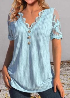 V Neck Lace Dusty Blue T Shirt -Rosewe Promotion Store 335827 P 1686119643029