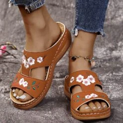 Peep Toe Light Coffee Floral Print Sandals