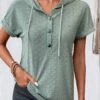 Button Hooded Short Sleeve Sage Green Blouse -Rosewe Promotion Store 335956 P 1686205956142