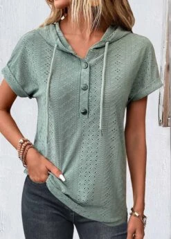 Button Hooded Short Sleeve Sage Green Blouse