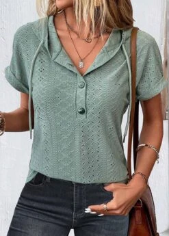 Button Hooded Short Sleeve Sage Green Blouse -Rosewe Promotion Store 335956 P 1686205957194