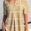 Plaid Button Light Camel Split Neck Blouse 1 Plaid Button Light Camel Split Neck Blouse -Rosewe Promotion Store 335974 P 1686810694521