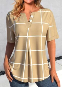 Plaid Button Light Camel Split Neck Blouse