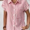 Striped Pocket Pink Shirt Collar Short Sleeve Blouse -Rosewe Promotion Store 336034 P 1686555393162